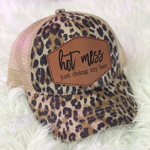 Leopard Tan Hot Mess C.C Criss cross ponytail mom cap